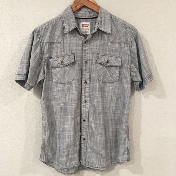Levi's Men Medium‎ Shirt Gray Button Up Short Sleeve Western 100% Cotton Modern - Picture 1 of 10